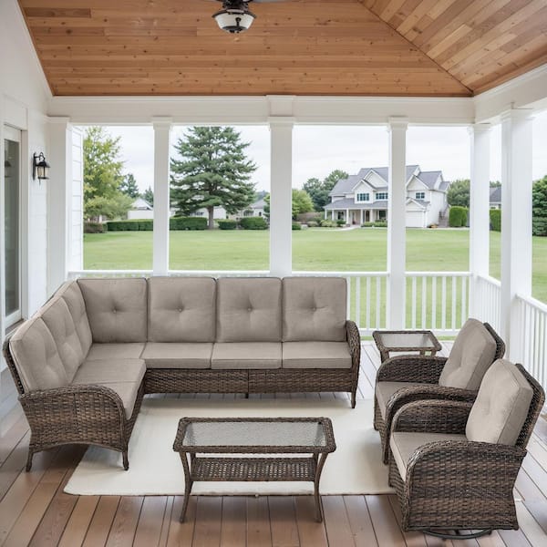Carlos 6-Piece Brown Wicker Outdoor Swivel Chair Patio Conversation Set with Beige Cushions and Coffee Table