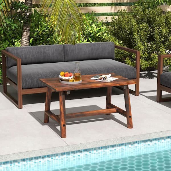 Brown Wood Outdoor Coffee Table with Slatted Tabletop Rectangle Side Table for Garden