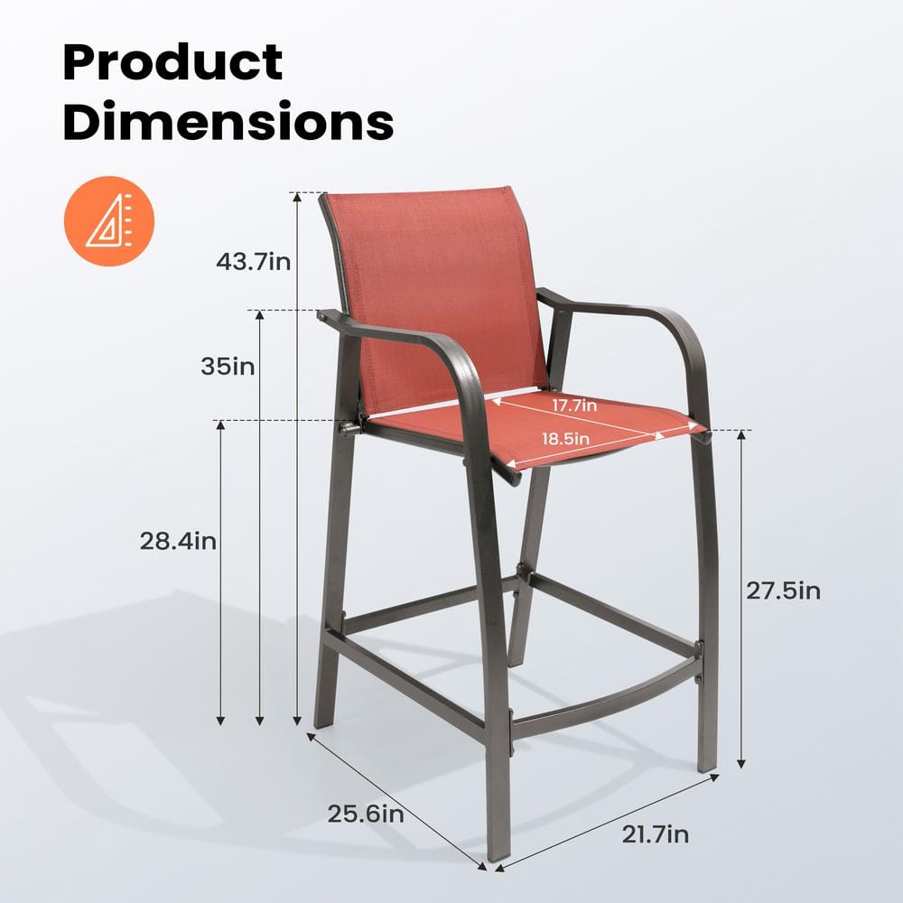 Pellebant Orange Textilene Aluminum Outdoor Counter Height Bar Stools, Set of 2