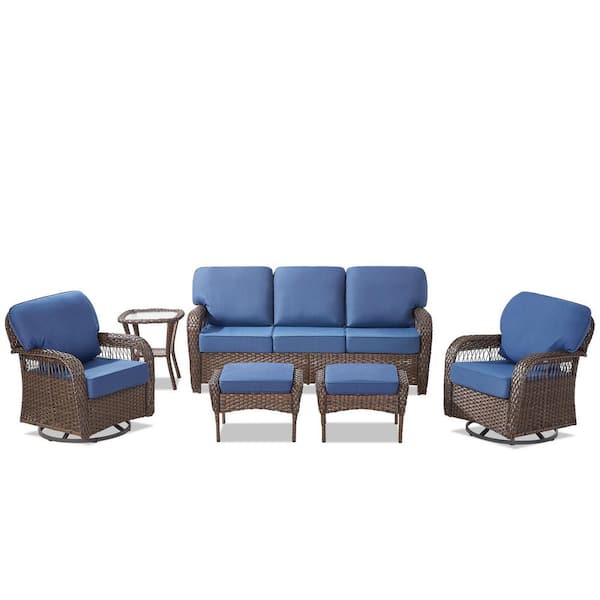 Buenaola Brown 6-Piece Wicker Patio Conversation Set with Swivel Rocking Chair, Outdoor Couch Seating Set with Blue Cushion