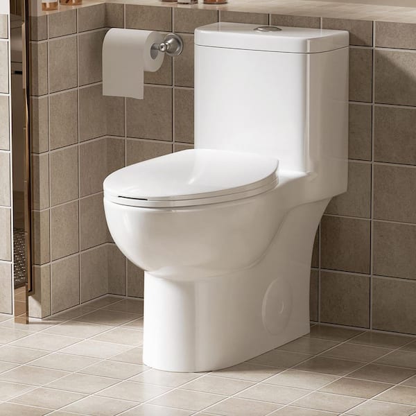 1-Piece 1.1/1.6 GPF Dual Flush Rimless Bowl Toilet in Glossy White Soft Close Seat Included