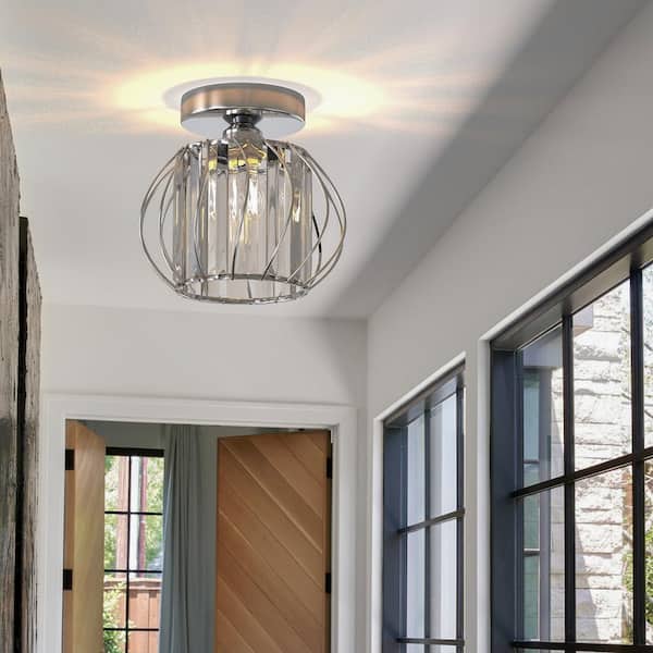 7 in. 1-Light Chrome Modern Crystal Semi Flush Mount Ceiling Light with Cage Design for Hallway, Entryway, or Bedroom