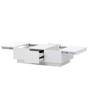 39.4 in. White Rectangle Storage Particle Board Coffee Table with Sliding Top and Drawers