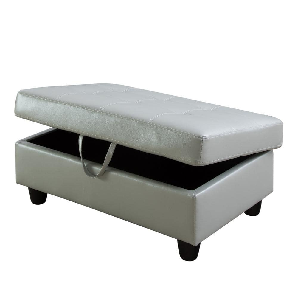 Silver Green Faux Leather Storage Ottoman with Solid Wood Frame
