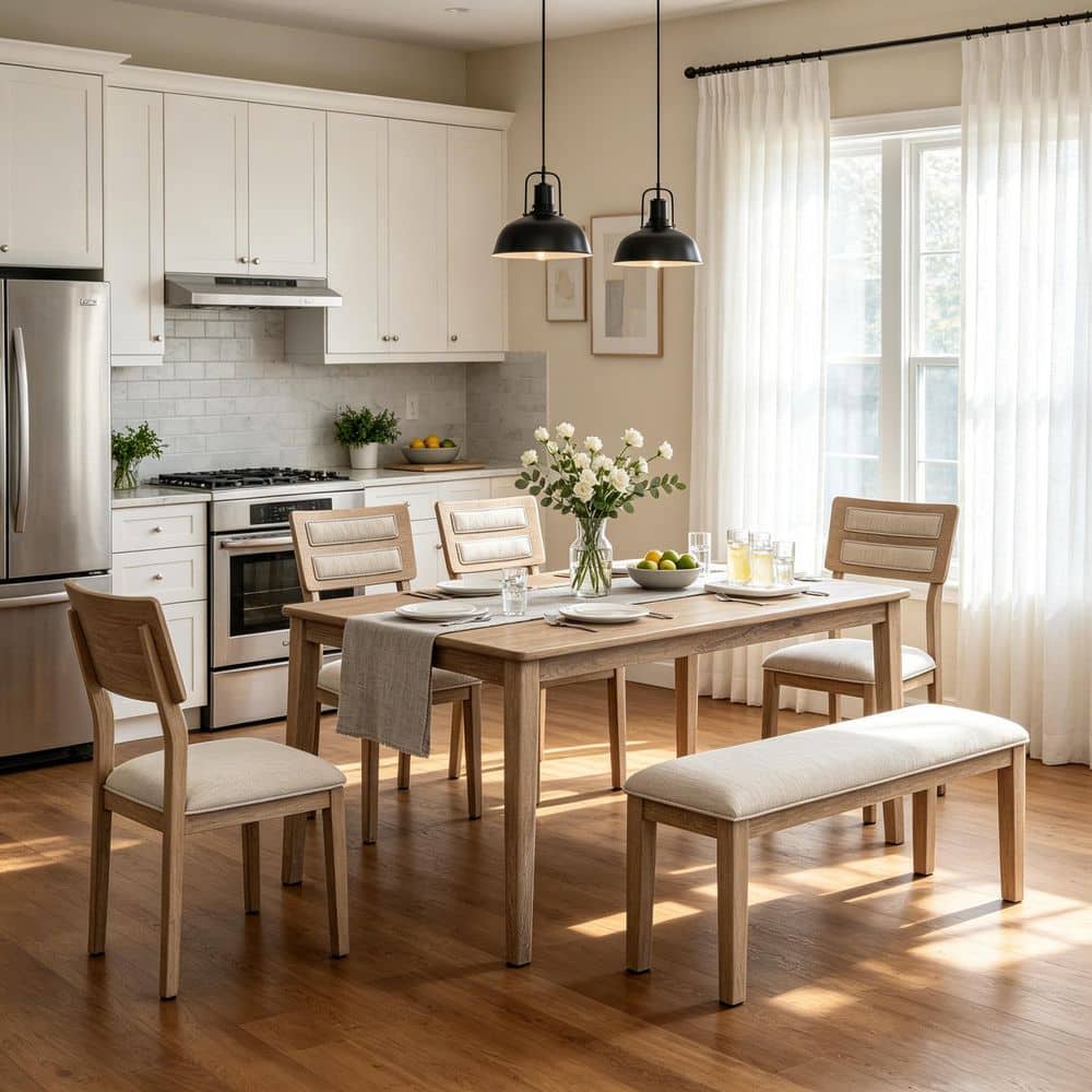 Classic 6-Piece Rectangle Natural Wood Wash MDF Top Dining Set with 4 Upholstered Chairs and Bench