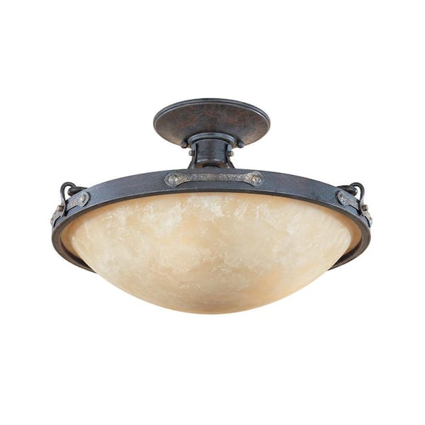 Austin 16.25 in. 3-Light Weathered Saddle Rustic Entryway Semi-Flush Mount with Satin Crepe Glass Shade