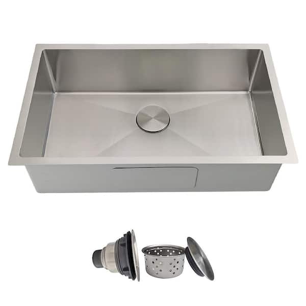 30 in. Undermount Kitchen Sink-Single Bowl 18 Gauge Stainless Steel with Strainer, Durable and Quiet Design