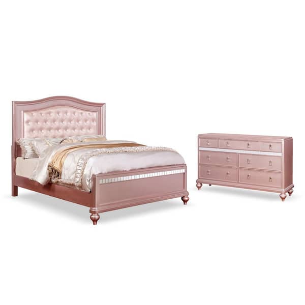 Stelna 2-Piece Rose Gold Wood Queen Bedroom Set, Bed and Dresser
