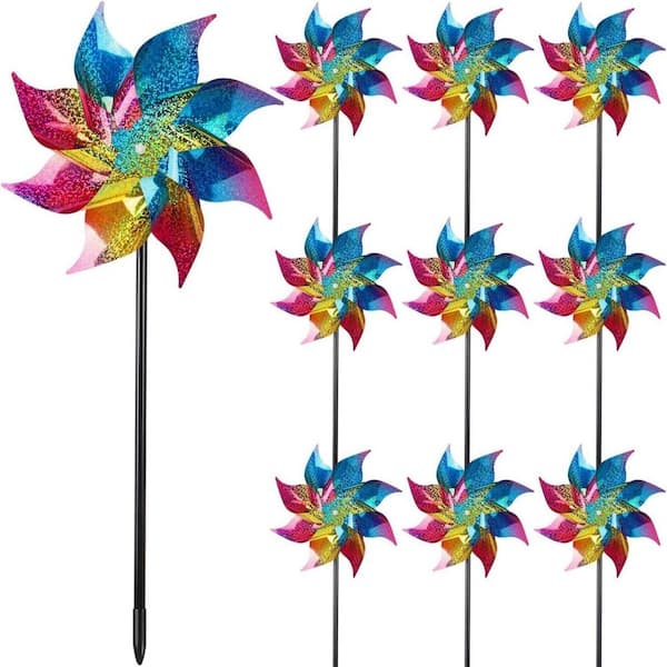 Cubilan 10-Pack Reflective Windmills with Stakes, Super Shiny Windmills for Garden Decoration, Bird Repellent Device