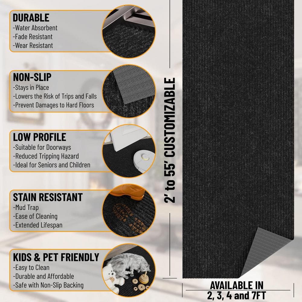 Modern Utility Black Synthetic 31x118 Ribbed Indoor/Outdoor Runner Rug