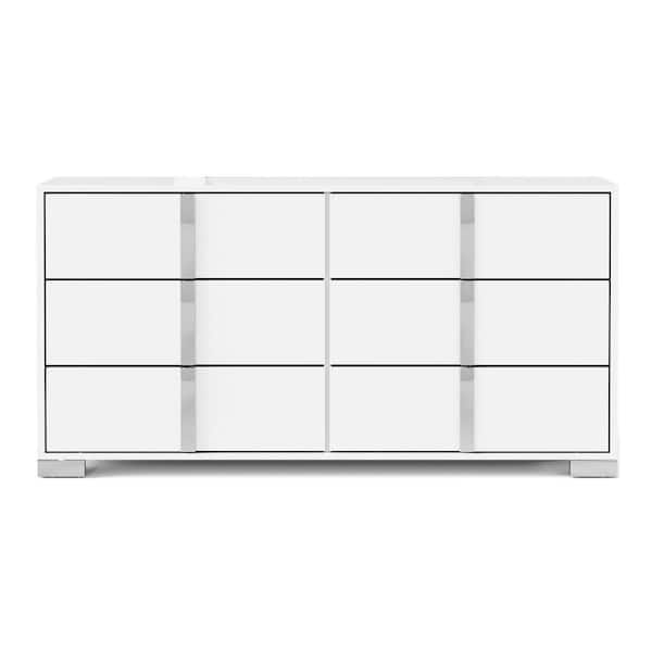Mesala White 6-Drawer 61 in. Dresser with Chrome Accents and Legs, Vertical Chrome Handles