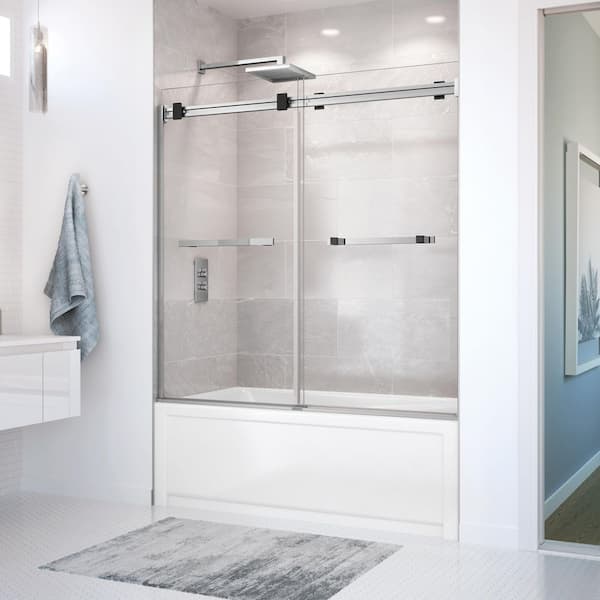 Duel 56-59 x 55 ½ x 59 in. 8 mm Frameless Tub Door for Alcove Installation with Clear glass in Chrome & Matte Black