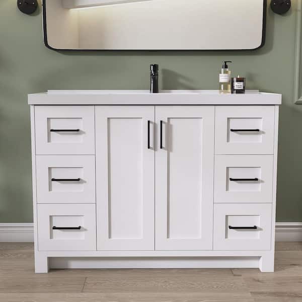 48 in. W x 22 in. D x 35.5 in. H Freestanding Bath Cabinet White Bathroom Vanity with Single Basin Solid Surface Top