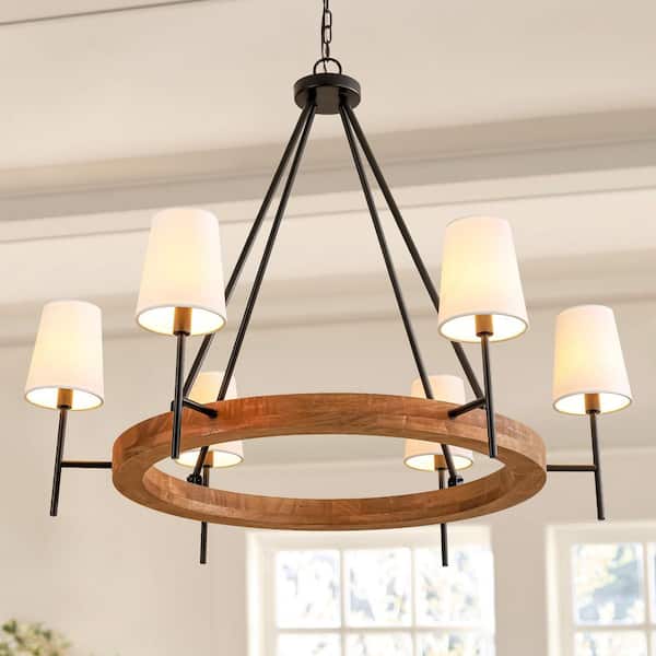 Charnessa 6-Light Matte Black Farmhouse Industrial Wood with Metal Chandelier