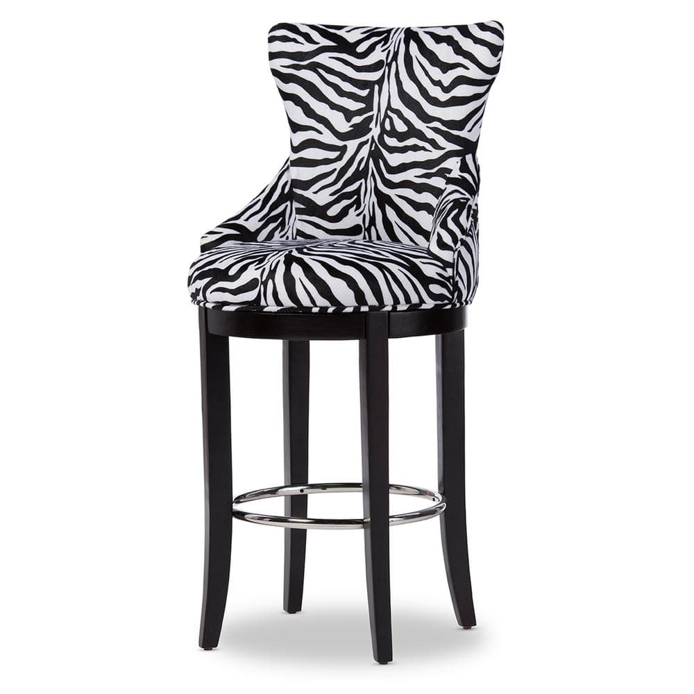 Modern Black and White Zebra Print Upholstered Bar Stool with Metal Accents