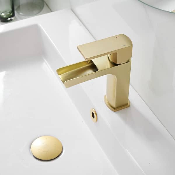 Single Handle Single Hole Bathroom Faucet with Drain Included, Waterfall Bathroom Faucet in Brushed Gold