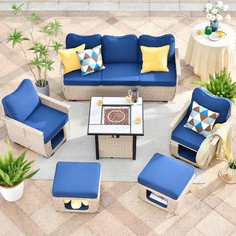 Echo Beige 6-Piece Wicker Outdoor Multi-Functional Patio Conversation Sofa Set with a Fire Pit and Navy Blue Cushions