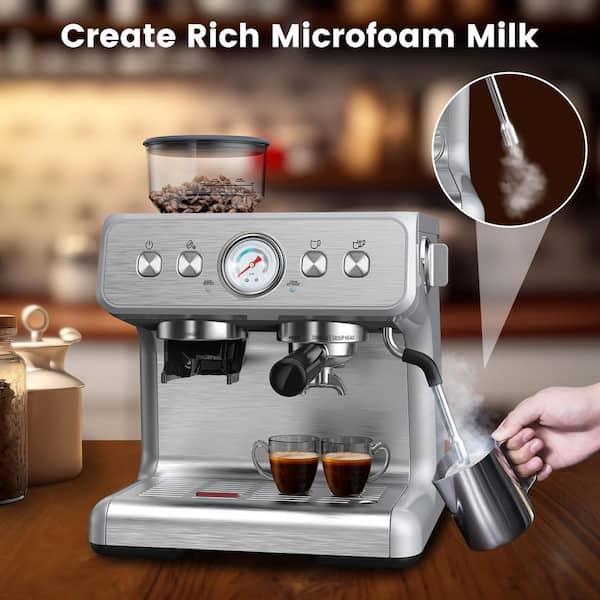 2-Cup Stainless Steel 15-Bar Espresso Machine with Grinder, Steam Wand and Cleaning Bursh, Silver