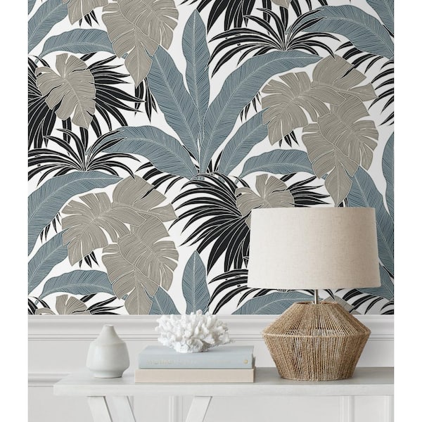 Bluestone and Grey Laguna Leaf Vinyl Peel and Stick Wallpaper Roll (Covers 31.35 sq. ft.)