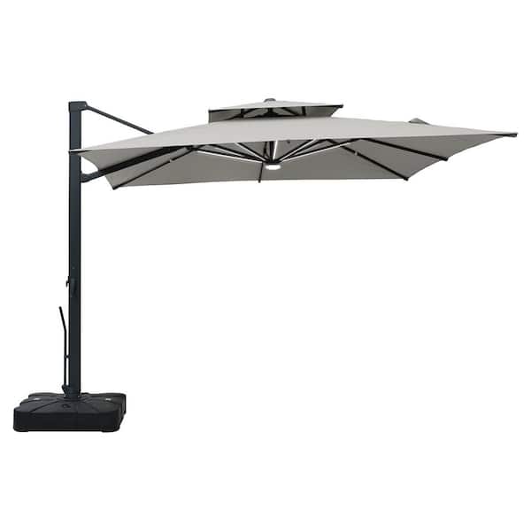 10 ft. x 10 ft. Outdoor Patio Cantilever Umbrella in Gray with Base and LED Strip