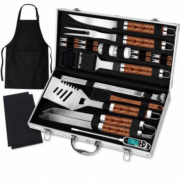 26-Piece Brown Stainless Steel BBQ Grill Accessories Tools Set, BBQ Utensils Kit with Apron, Thermometer and Mats