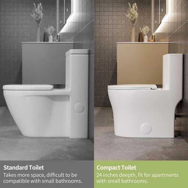 One-Piece Round Toilet 0.9/1.28 GPF Dual Flush in White, Skirted Toilet, Soft Close Seat Included, Compact Toilet