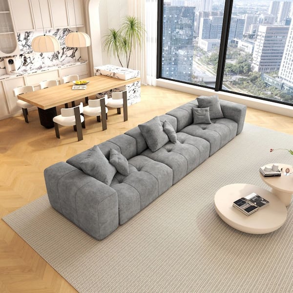 Oversized 144.17 in. W Square Arm 3-Piece Linen Modular Sectional Sofa in Gray