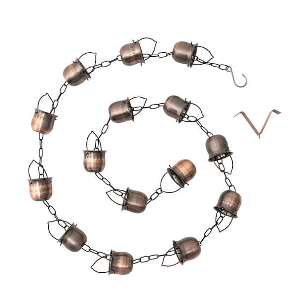 Glitzhome 8.5 ft. 15-Piece Faux Copper Cup Shaped Rain Chain with V-Shaped Gutter Clip