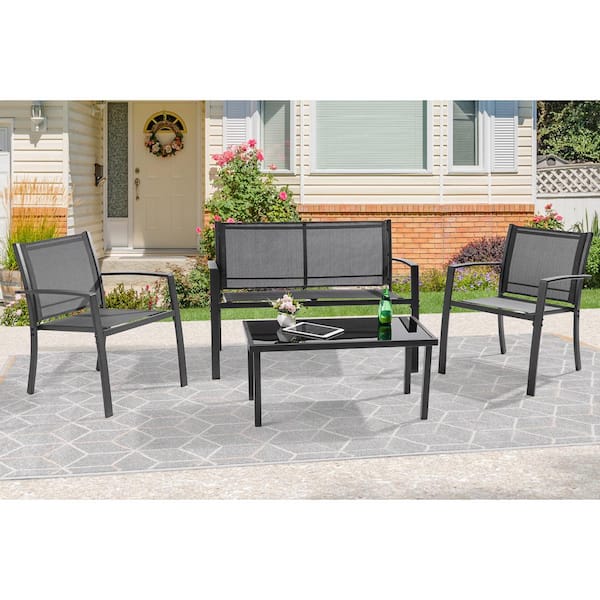 Sonkuki 4-Piece All-Weather Rust-Resistant Metal and Textilene Patio Conversation Sets in Black