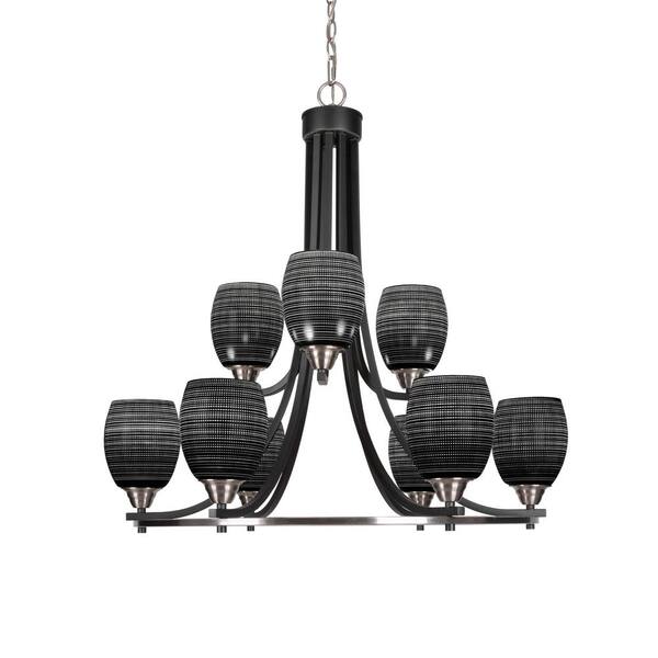 Unbranded Madison 9-Light Matte Black and Brushed Nickel Round Chandelier with 5 in. Black Matrix Glass Shades, No bulbs included