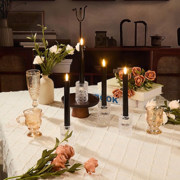 LUMABASE Black Battery Operated 3D Wick Flame Taper Candles (Set
