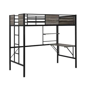 Black Twin Loft Bed with Storage Shelves, Pine Wooden Loft Bed