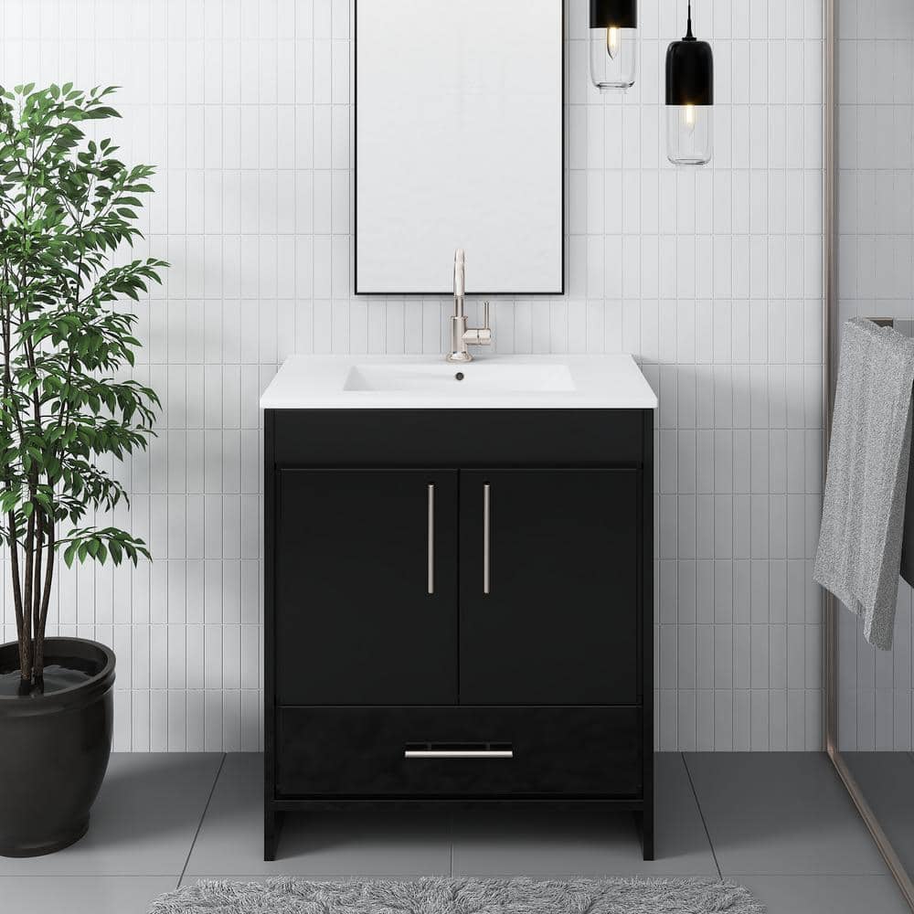 Pacific 30 in. W x 18 in. D Bathroom Vanity in Glossy Black with Ceramic Vanity Top in White with White Basin price history on PriceWatchPro
