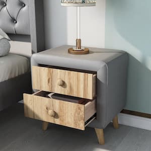 2-Drawer Gray Wooden Upholstered Nightstand with Rubber Wood Legs(22.2 in. H X 20.5 in. W X 16.1 in. D)