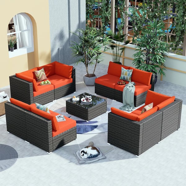 XIZZI Arctic 9-Piece Wicker Outdoor Sectional Set with Orange Red Cushions
