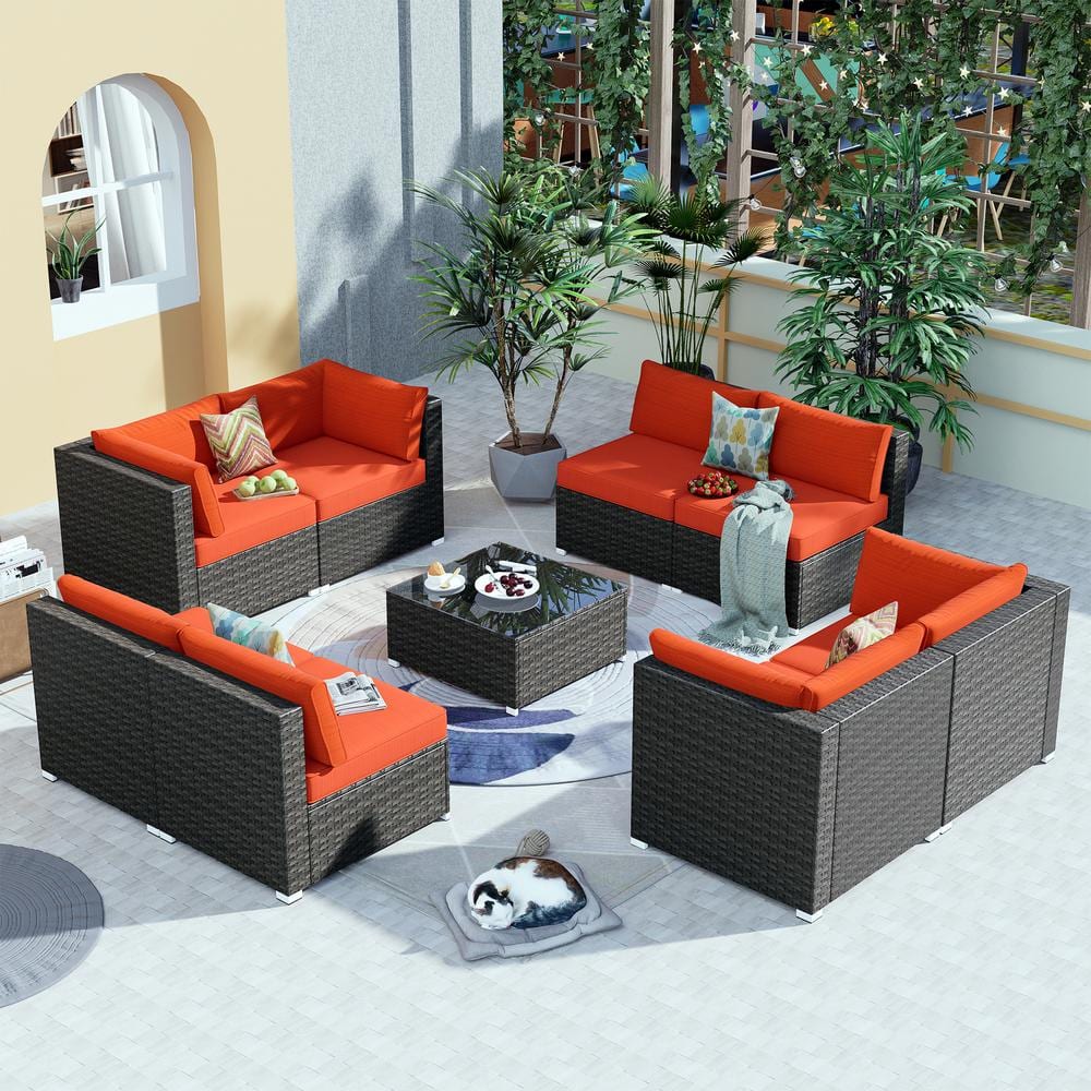 XIZZI Poseidon Gray 9-Piece Wicker Outdoor Patio Conversation Sectional ...