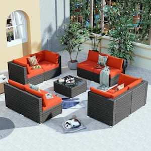 Poseidon Gray 9-Piece Wicker Outdoor Patio Conversation Sectional Sofa Seating Set with Orange Red Cushions