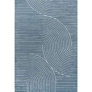 Hallie High-Low Minimalist Curve Geometric Dark Blue/Cream 8 ft. x 10 ft. Indoor/Outdoor Area Rug