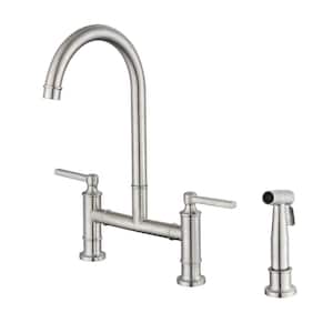 Double Handle Bridge Kitchen Faucet with Side Sprayer Commercial 304 Stainless Steel Kitchen Sink Taps in Brushed Nickel