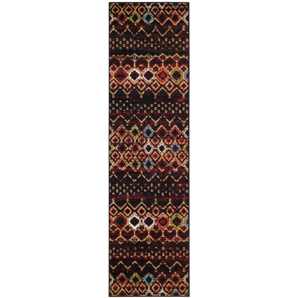 Black and Multicolor Geometric Synthetic Runner Rug, 2'3" x 10'
