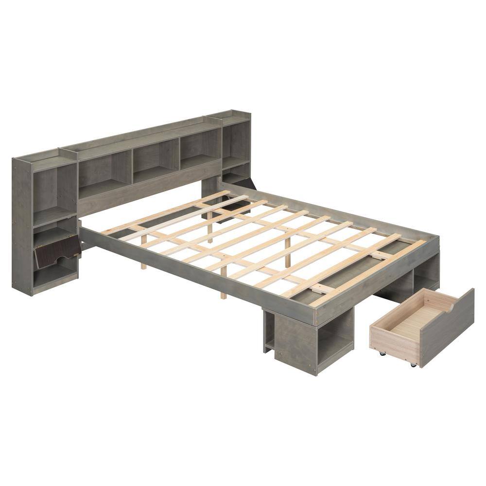 Qualler Gray Wood Frame Queen Size Platform Bed with Multiple Storage ...