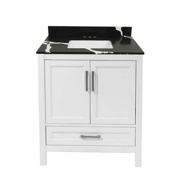 Amluxx Salerno 31 in. W x 22 in. D Bath Vanity in White with Quartz Stone Vanity Top in Calacatta Black with White Basin