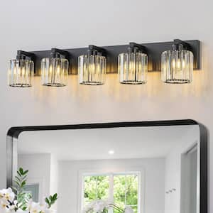 Orillia 35.4 in. 5-Light Black Bathroom Vanity Light with Crystal Round Shades