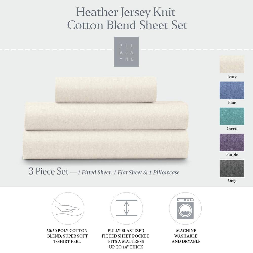 Ivory Heather Jersey Knit Cotton Blend Queen Sheet Set