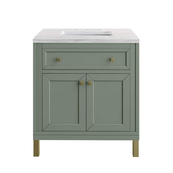 James Martin Vanities Chicago 30 in. W x 23.5 in. D x 34 in. H Bathroom Vanity in Smokey Celadon with Arctic Fall Solid Surface Top