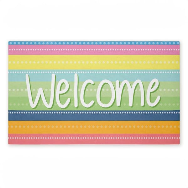 Spring Striped Welcome Multi-Colored 18 in. x 30 in. Polyester Non-Slip Outdoor Door Mat