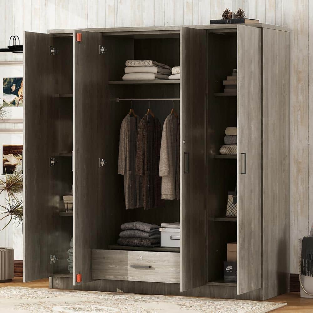 Nestfair 4-Door Gray Wood 59.2 in. Wardrobe with 1-Drawers WR0002E
