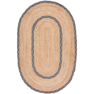 Natural Fiber Beige/Gray Doormat 3 ft. x 5 ft. Border Woven Oval Area Rug