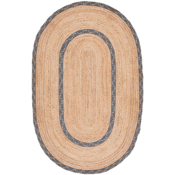 Natural Fiber 7 ft. x 9 ft. Oval Natural/Gray Border Woven Area Rug