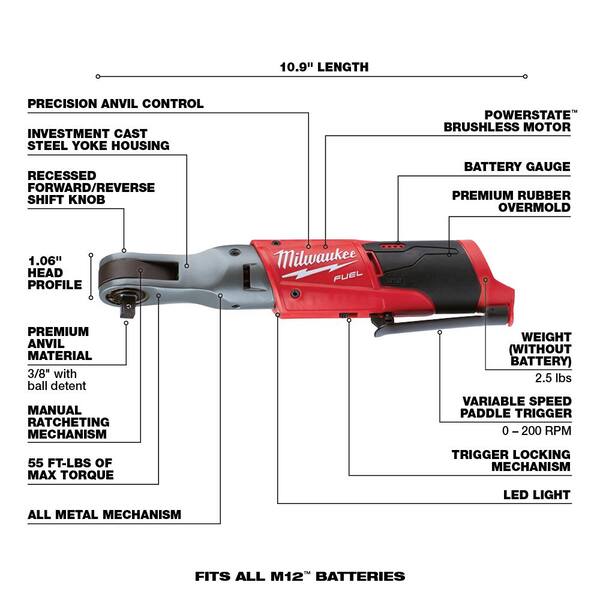 Milwaukee M12 FUEL 12V Lithium-Ion Brushless Cordless 3/8 in. and 1/2 in. Ratchet with Two 3.0 Ah Batteries
